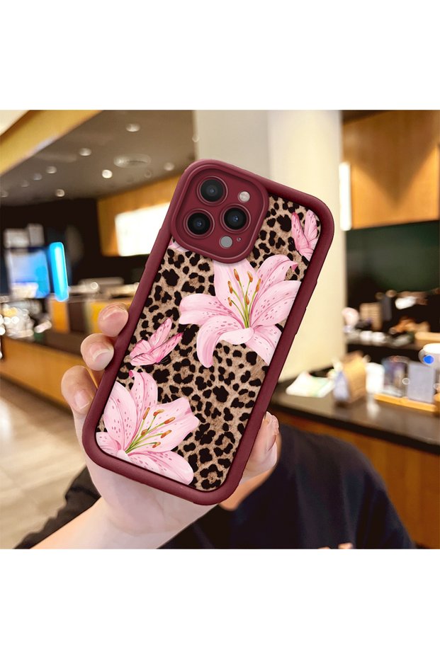 iPhone 15 Pro Max Compatible Case Camera Protector Floral Case Burgundy Lover Couple Silicone Phone Case