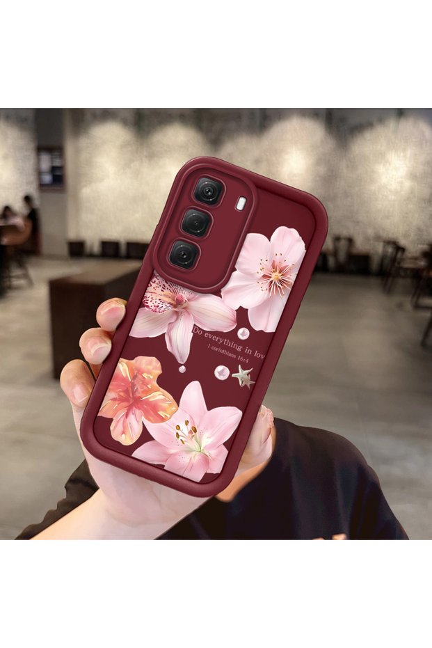Infinix Hot 60 Pro Compatible Case Camera Protective Flower Case Burgundy Lover Couple Silicone Phone Case