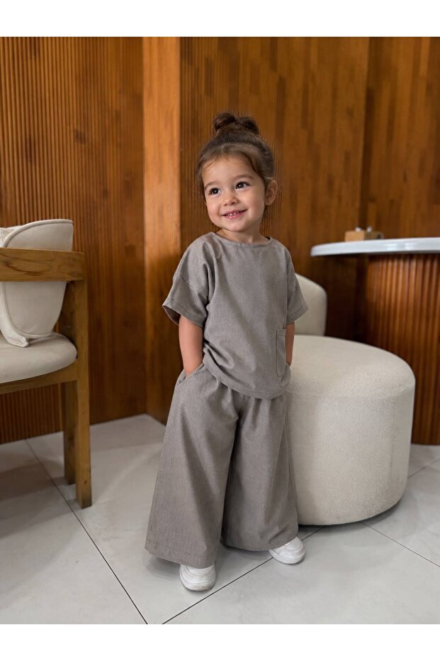 Striped Textured Beige Girls' 2-Piece Set