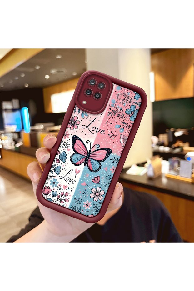 Samsung Galaxy A12/M12 Compatible Case Camera Protector Stitch Pattern Burgundy Dear Couple Silicone Phone Case