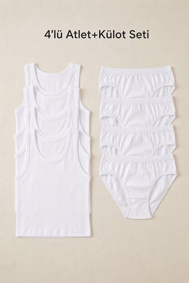 Boy's 100% Cotton 4-Piece Undershirt + Underpants Set