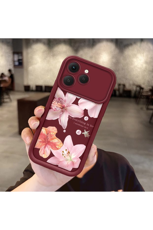 Tecno Spark 40 Compatible Case Camera Protective Flower Case Maroon Lover Couple Silicone Phone Case