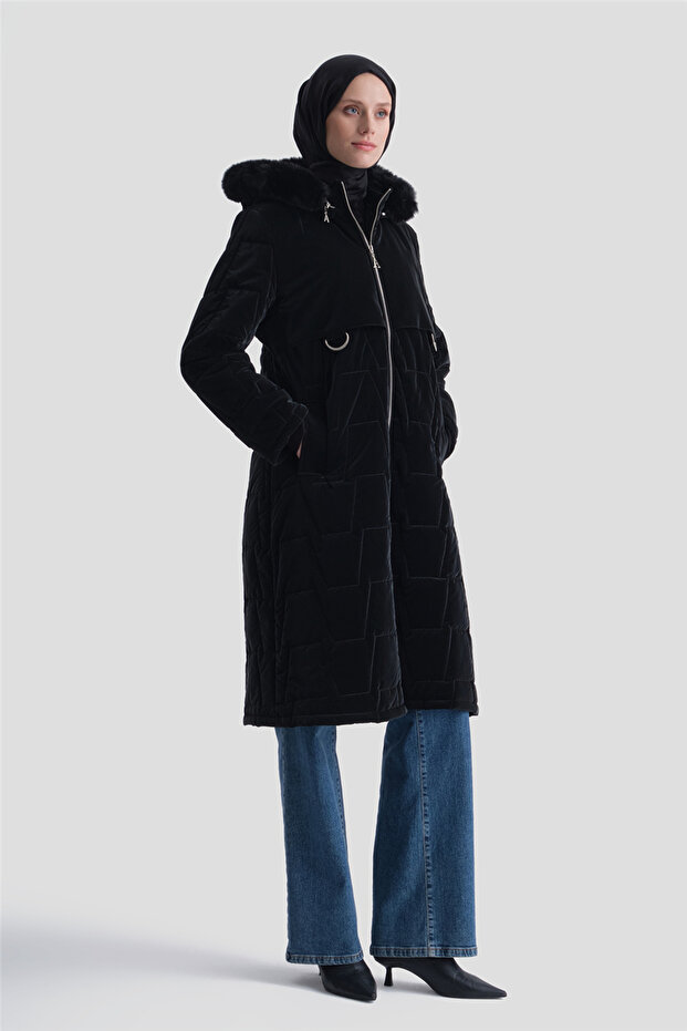 Aller Detailed Hooded Quilted Jacket Black