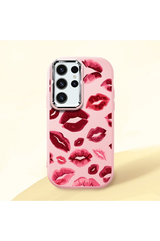 Samsung Galaxy S24 Ultra Compatible Case Camera Protective Pink Kiss Pattern Silicone Lover Couple Phone Case