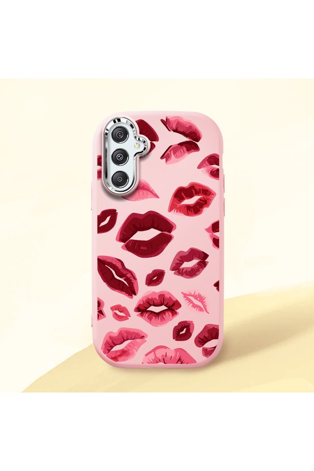 Samsung Galaxy M34 Compatible Case Camera Protective Pink Kiss Patterned Silicone Lover Couple Phone Case