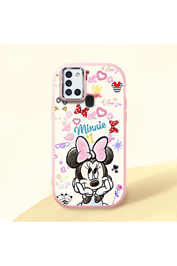 Samsung Galaxy A21S Compatible Case Camera Protective Pink Minnie Patterned Silicone Lover Couple Phone Case