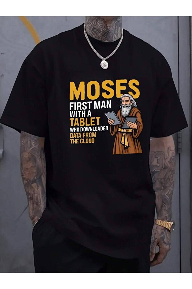 Men'S Black Tshirt Featuring Moses First Man To Download Data From Cloud Using Tablet This Humorous Print Design Is A Fun Men Birthdays And Embod,