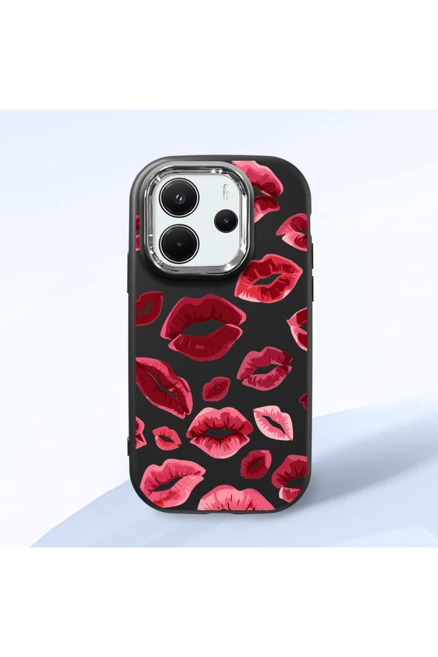 Redmi Note 14 4g Compatible Case Camera Protector Black Kiss Patterned Silicone Lover Couple Phone Case