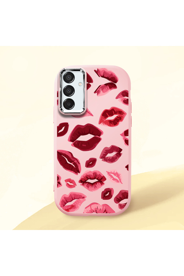 Samsung Galaxy M15 Compatible Case Camera Protective Pink Kiss Patterned Silicone Lover Couple Phone Case