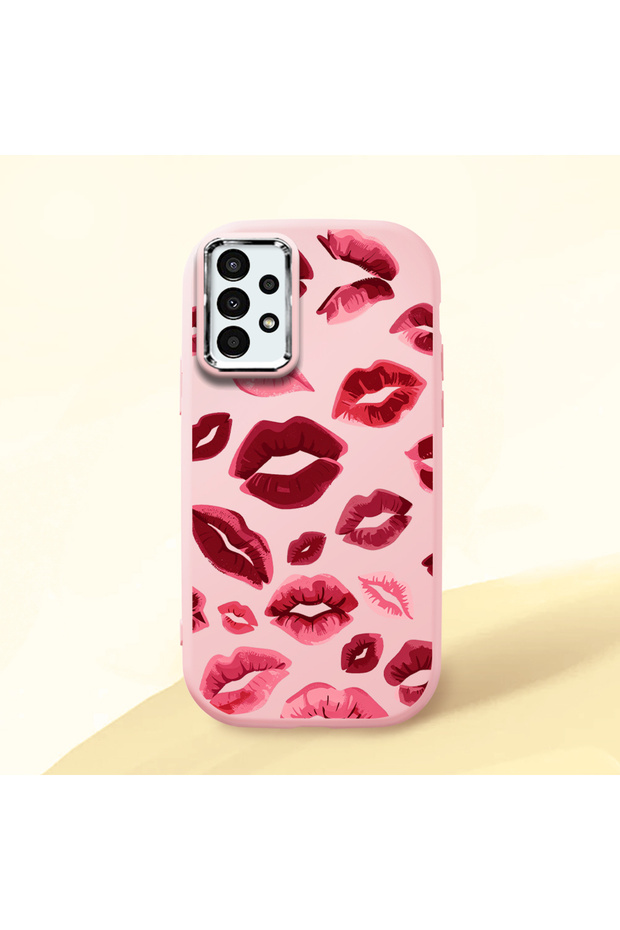 Samsung Galaxy A13 Compatible Case Camera Protective Pink Kiss Patterned Silicone Lover Couple Phone Case