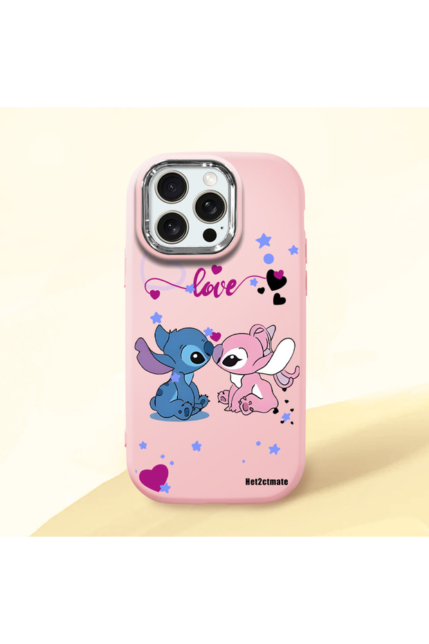 iPhone 15 Pro Max Compatible Case Camera Protector Pink Stitch Pattern Silicone Couple Phone Case