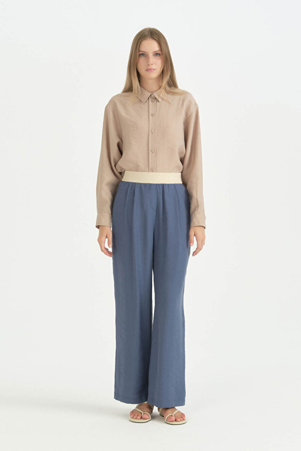 Elastic Waist Pleated Pipe Leg Lyocell Trousers - Indigo