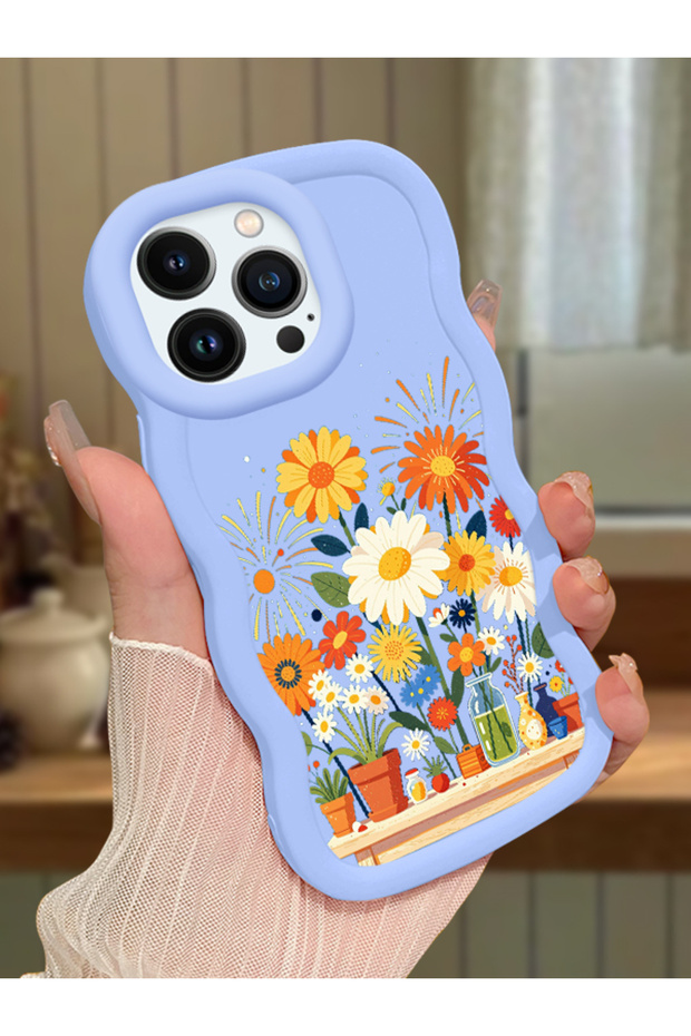 iPhone 13 Pro Compatible Case Camera Protector Blue Silicone Lover Couple Phone Case Floral Case