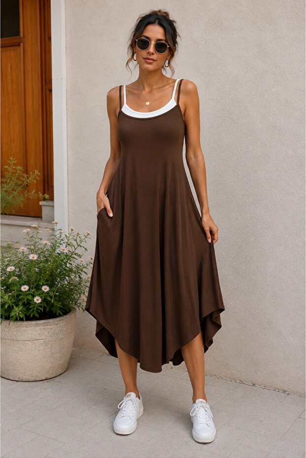 Elegant and Comfortable Women's Contrast Strap Detailed Asymmetrical Cut Loose Dress