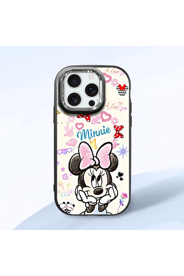 iPhone 16 Pro Compatible Case Camera Protector Black Minnie Patterned Silicone Lover Couple Phone Case