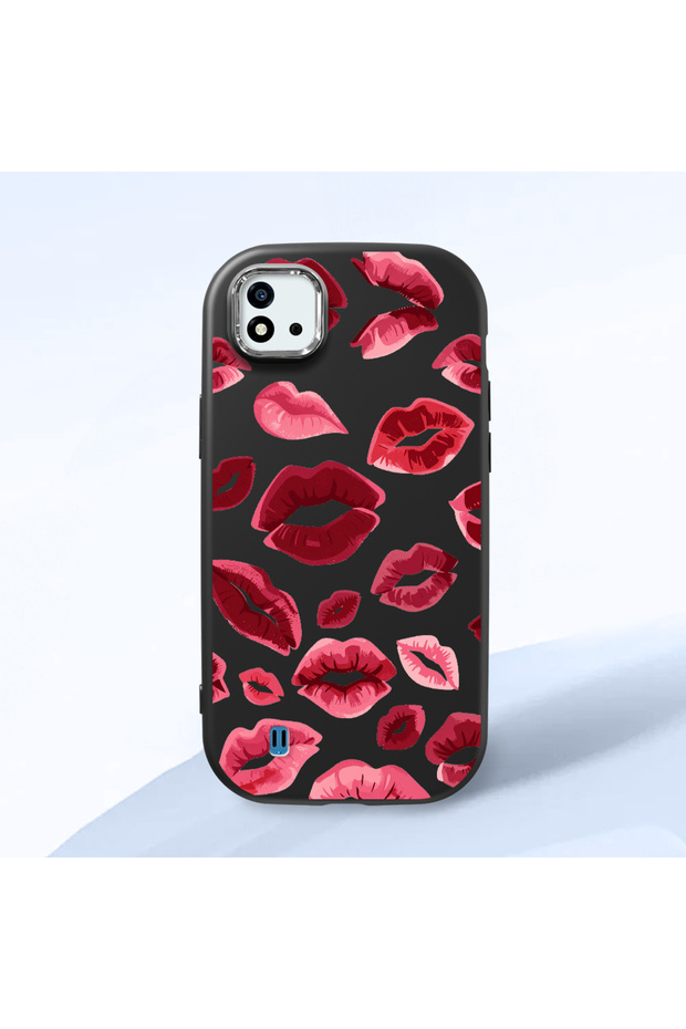 Realme C11 2021 Compatible Case Camera Protector Black Kiss Patterned Silicone Lover Couple Phone Case