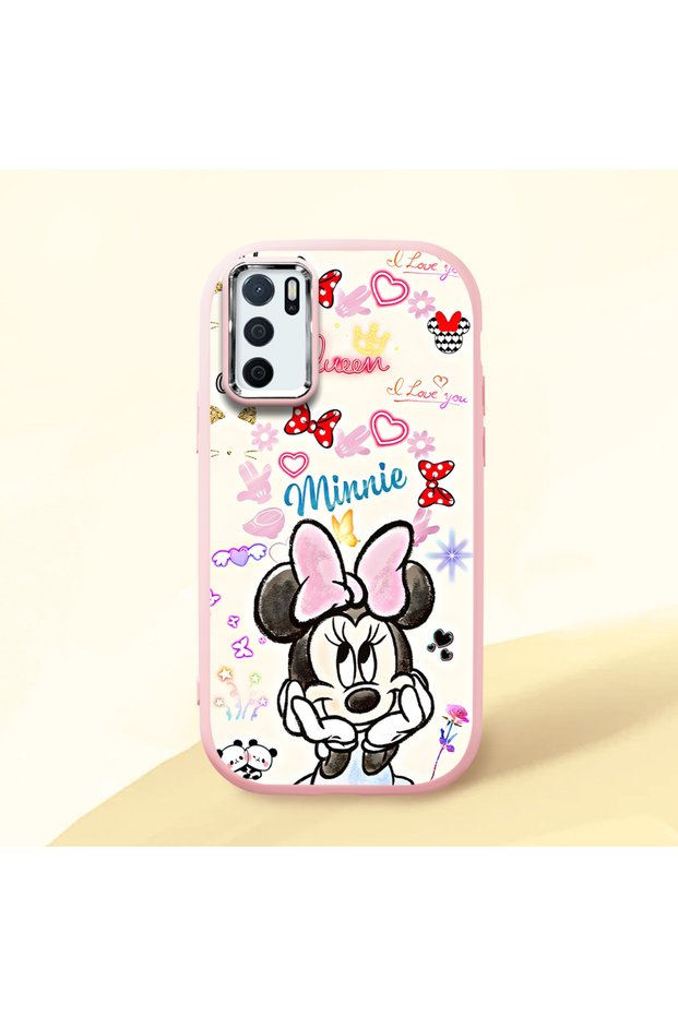 Oppo A55 4g Compatible Case Camera Protector Pink Minnie Patterned Silicone Lover Couple Phone Case