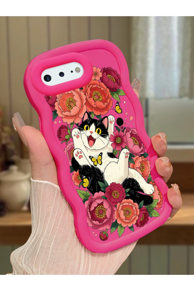 iPhone 8 Plus Compatible Case Camera Protector Red Silicone Lover Couple Phone Case Cover with Cat