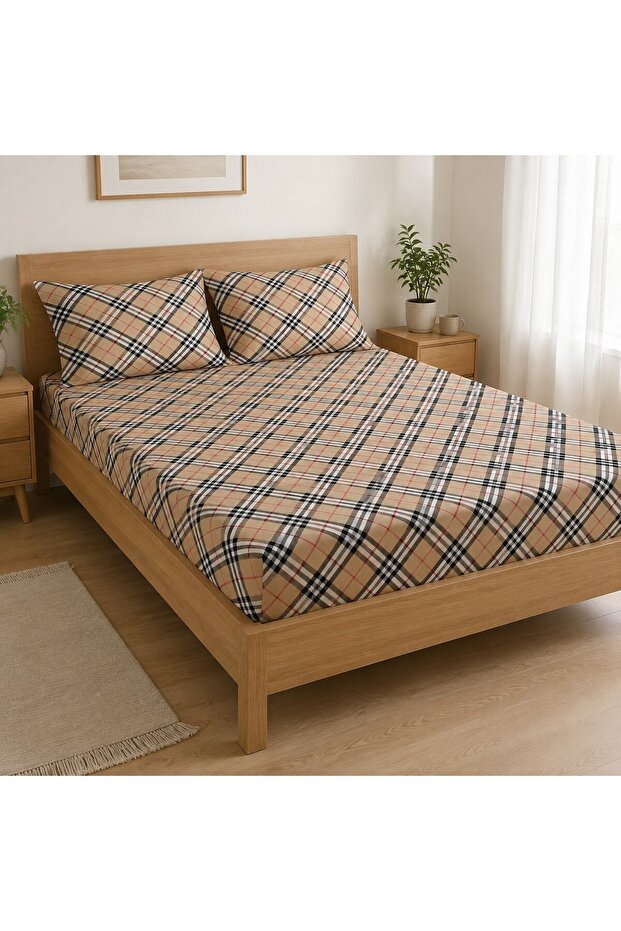 Classic Plaid Patterned 100% Cotton Ranforce Elastic Bed Sheet Set – Single and Double Sizes