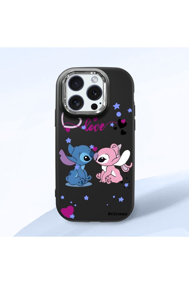 iPhone 15 Pro Compatible Case Camera Protector Black Stitch Pattern Silicone Lover Couple Phone Case