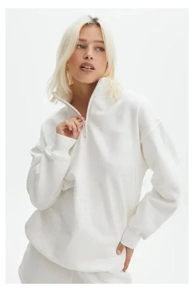 Unisex long sleeve half-zip basic sweatshirt - white