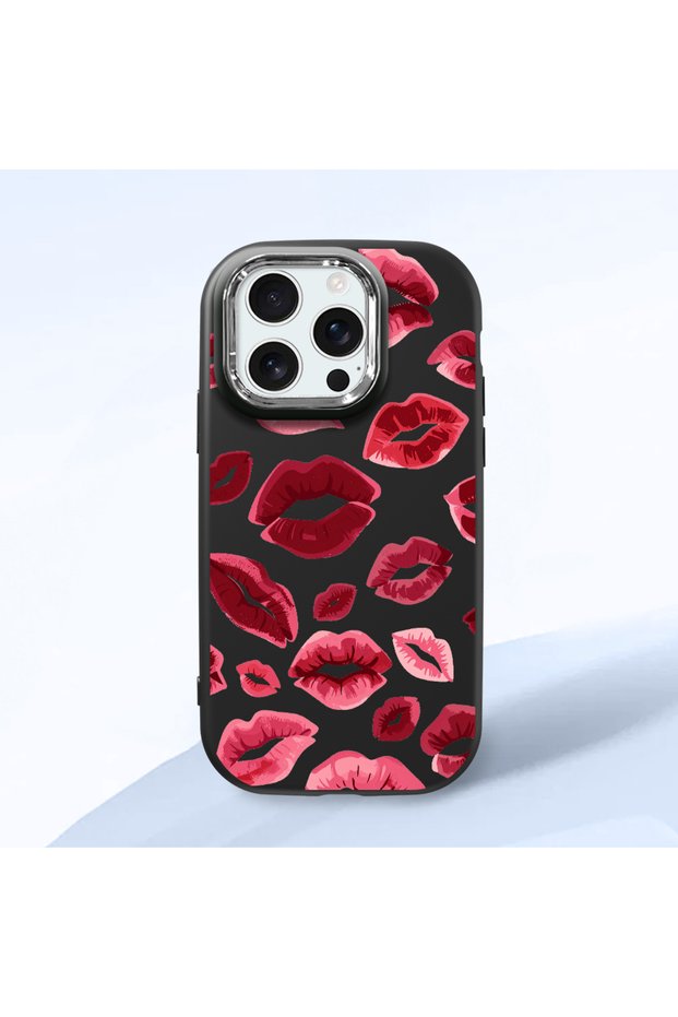 iPhone 16 Pro Compatible Case Camera Protector Black Kiss Pattern Silicone Lover Couple Phone Case