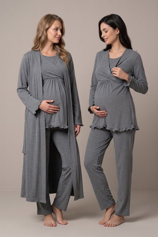 Women's Smoked Double-Breasted Collar Breastfeeding Detailed Long Sleeve Maternity Pajama Set with Dressing Gown