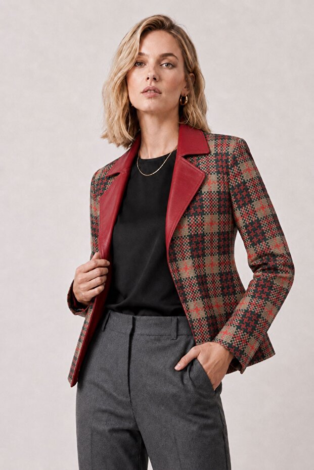 Liora Women's Plaid Red Double-Sided Genuine Leather Blazer Jacket