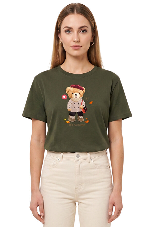 Women's Khaki Autumn Teddy Bear Printed T-Shirt 100% Cotton Comfortable Fit