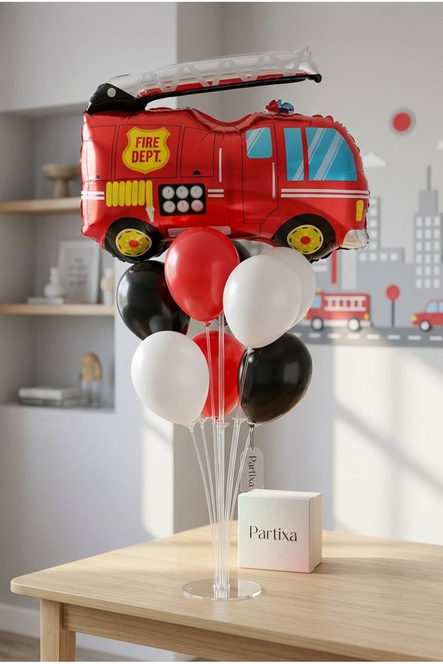 Fire Truck Balloon Stand Set | Transparent 7-Piece Stand + Fire Truck Foil Balloon 74×80 cm + 7 Latex Balloons