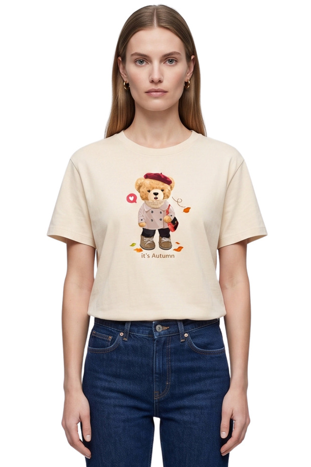Women's Beige Autumn Teddy Bear Printed T-Shirt 100% Cotton Comfortable Fit