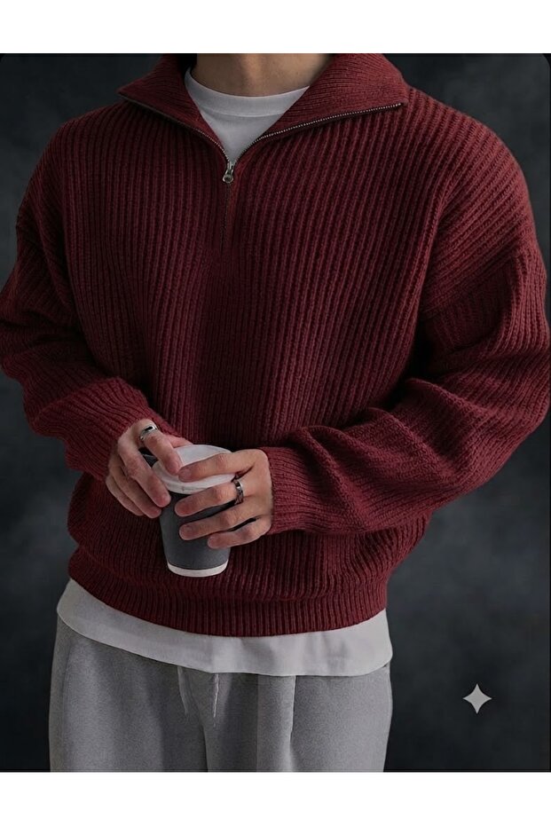 Men's Long-Sleeved Oversized High-Neck Thick Winter Knit Sweater Basic Zipper-Up