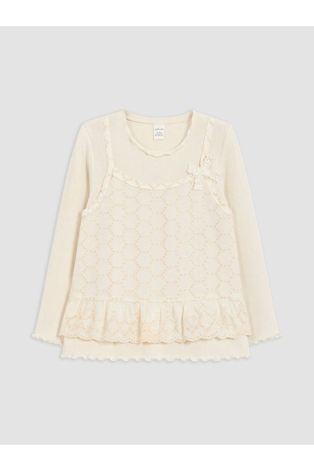 Lcw Kids Ecru Crew Neck Embroidered Bow Detailed Girls' T-Shirt