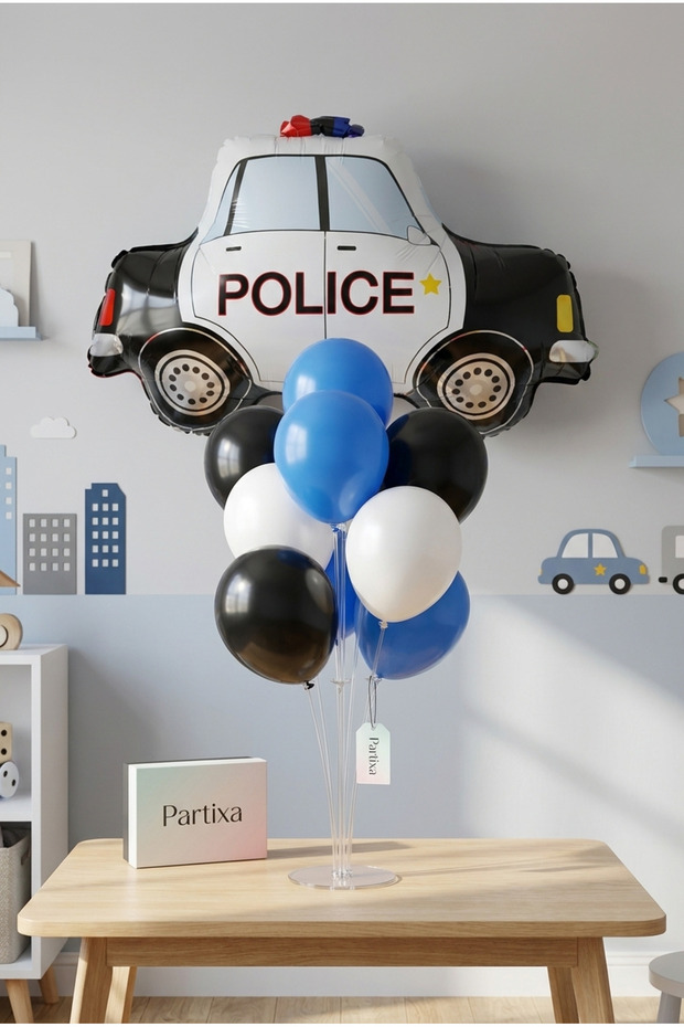 Police Car Balloon Stand Set | Transparent 7-Piece Stand + Police Car Foil Balloon 76×59 cm + 7 Latex Balloons