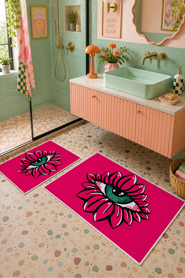 Fuchsia Floral Patterned Non-Slip Base Bath Mat Set of 2