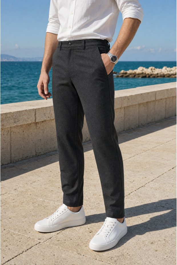 Men's Anthracite Classic Fabric Trousers Slim Fit Lycra Ankle Length Narrow Leg