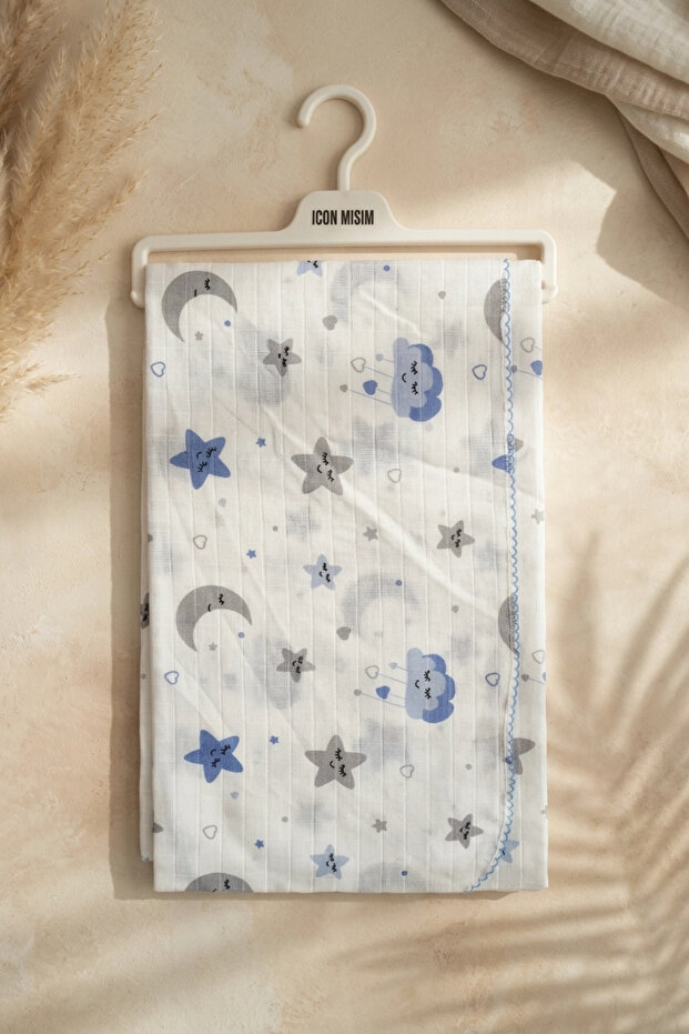 Cloud Patterned Blue Edge Piping Embroidered Cotton Muslin Baby Blanket 90*90 cm