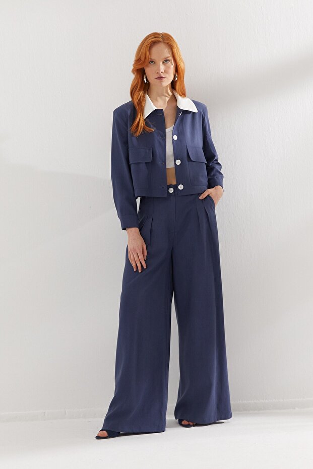Collar Detailed Suit Navy Blue