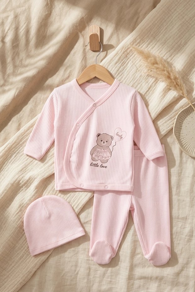 Perfect Baby Pink Ribbed 3-Piece Set - Cotton Double-Breasted Cardigan, Pants with Booties and Beanie Set