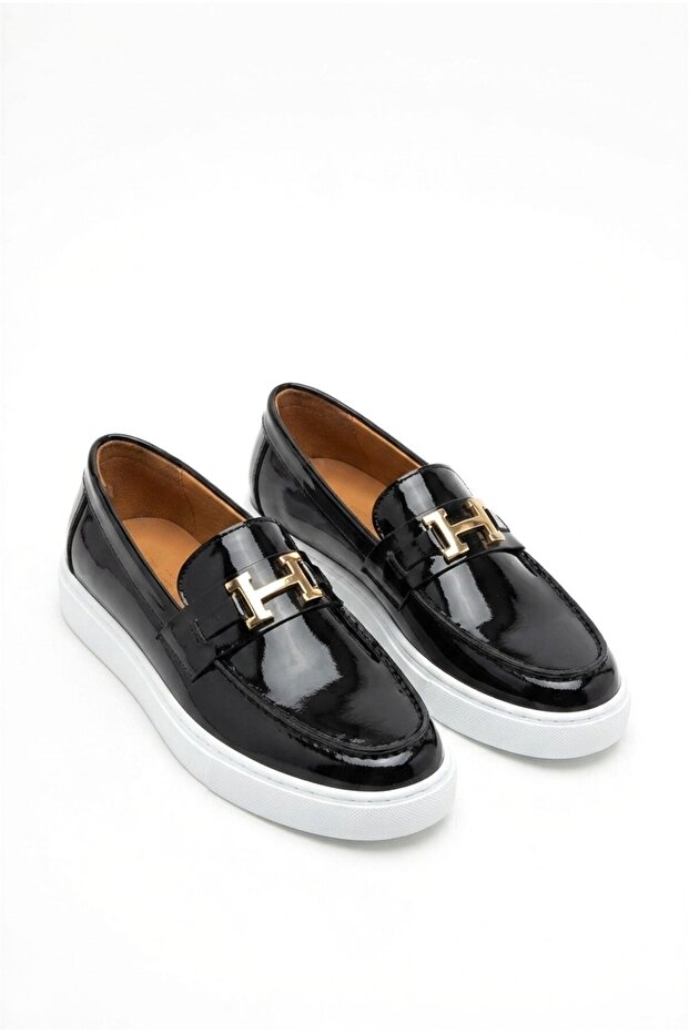 Zrk-X027 Premium Black and White Patent Leather H Buckle Laceless Men's Loafer