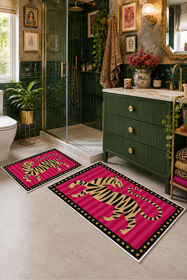 Fuchsia Green Tiger Patterned Non-Slip Base Bath Mat Set of 2