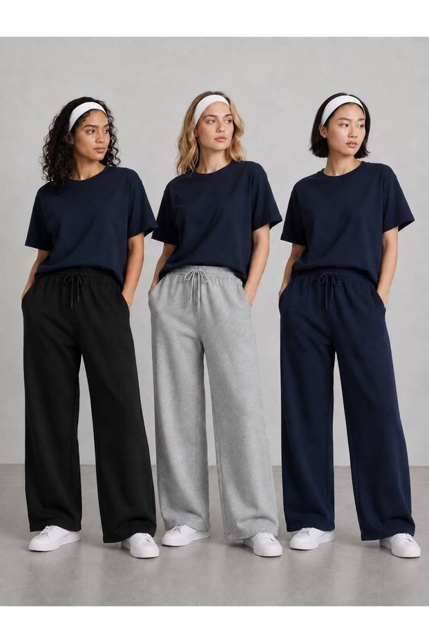 3 Pieces of Black+Grey+Navy Blue Comfortable Fit Straight-Leg Sweatpants