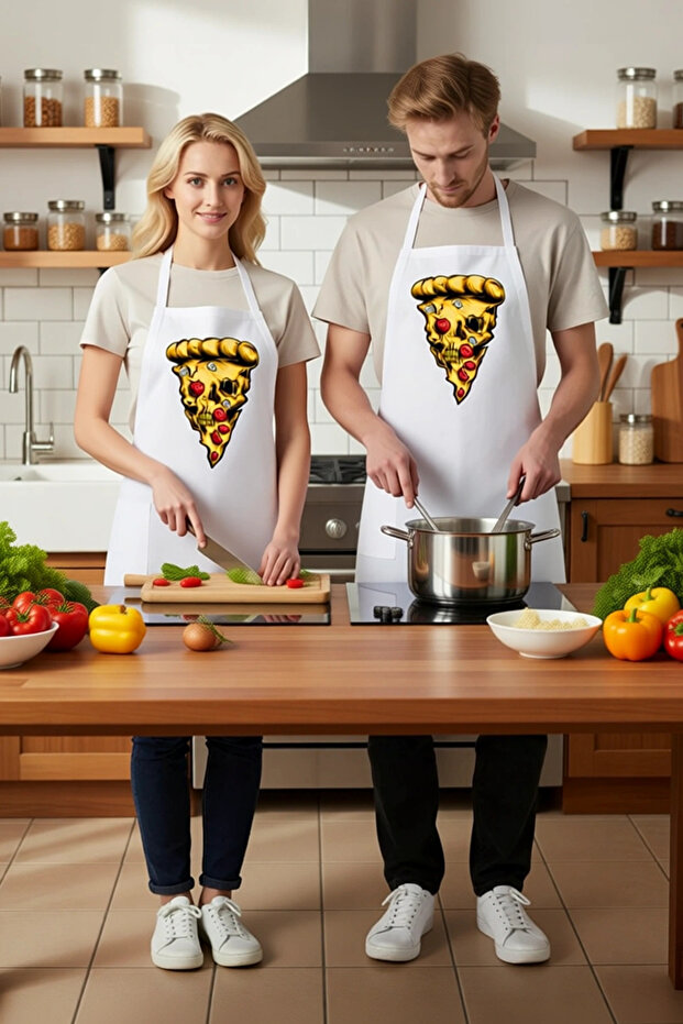 Unisex Kitchen Chef Apron Skull Pizza Slice Printed Dtf Digital Pattern Comfortable Cut Casual Modern