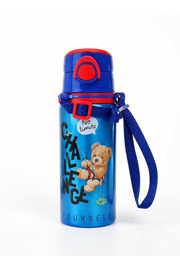 Challenge Teddy Bear Design Stainless Steel Children's Water Bottle |   School Water Bottle with Straw, Strap and Leak-Proof Design (Blue)