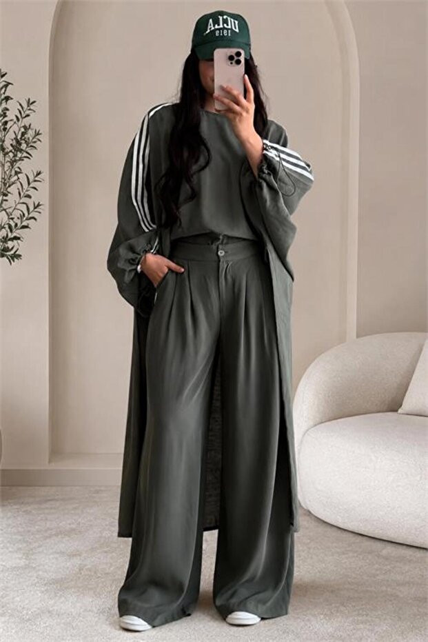 Women's Khaki Striped Detailed Oversized Tunic Pants Two-Piece Hijab Set Nms102