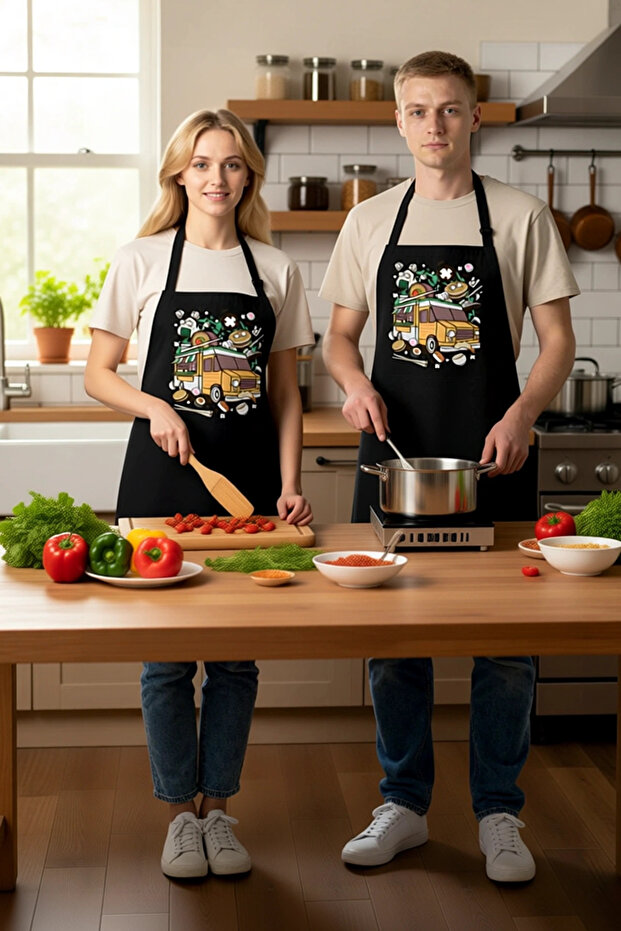 Unisex Kitchen Cooking Apron Food Tool Cute Character Printed Comfortable Cut Cotton Casual Modern
