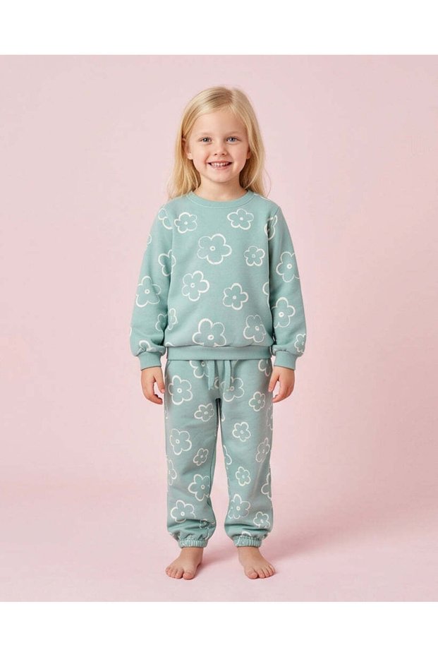 Girls Mint Green Floral 2-Piece Jog Set
