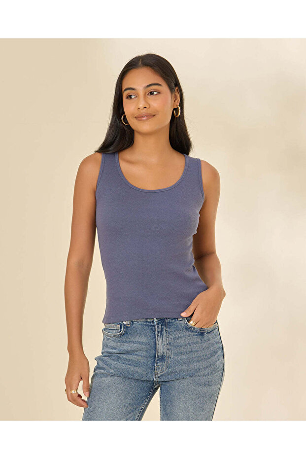 Women Blue Plain Ribbed Vest