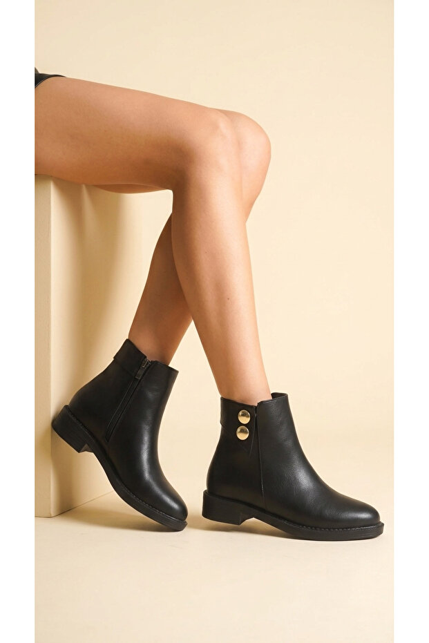 Low Heel Zippered Short Women's Boots with Double Gold Button Detail