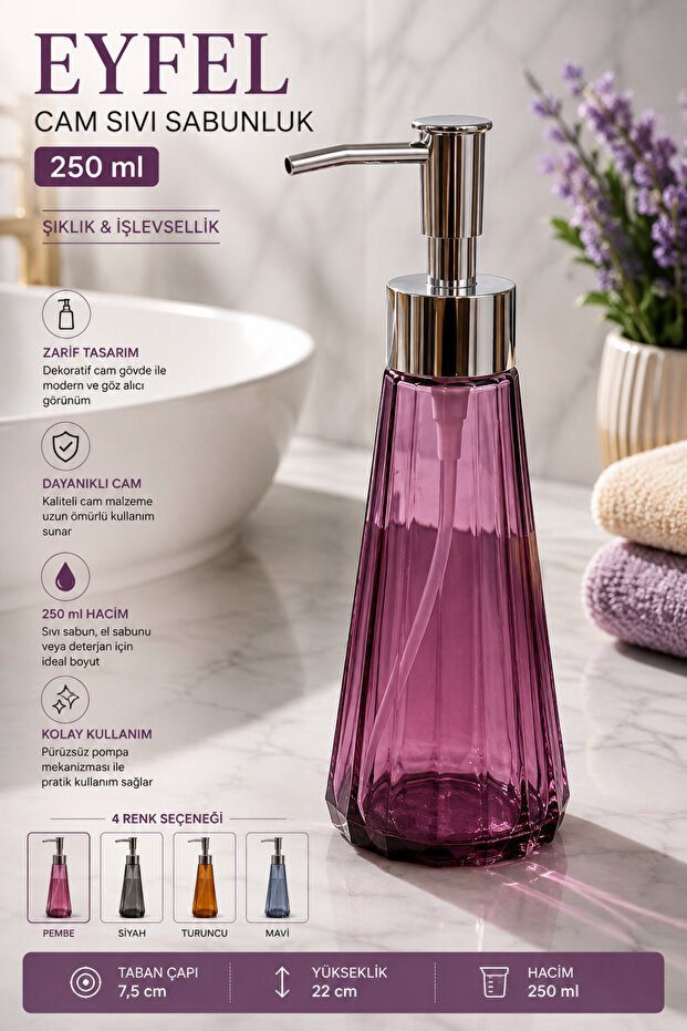 Eyfel Glass Liquid Soap Dispenser 250 Ml, Pink, 7.5X22 cm